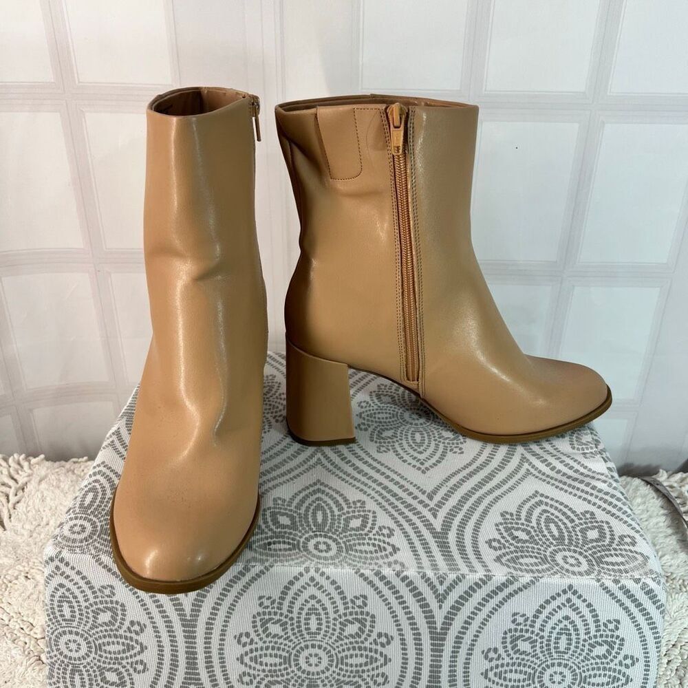 A New Day Tan Almond Toe Side Zip Block Heel Janelle Ankle Dress Bootie Size 11